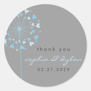 Pegatina Redonda Boda de verano de Blue Dandelion Flower Love Heart