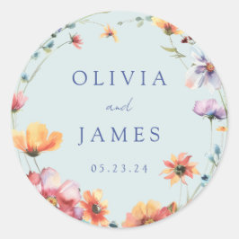 Pegatina Redonda Boda de verano de flor azul silvestre