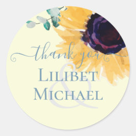 Pegatina Redonda Boda de verano de girasoles Eucalyptus Greenerener