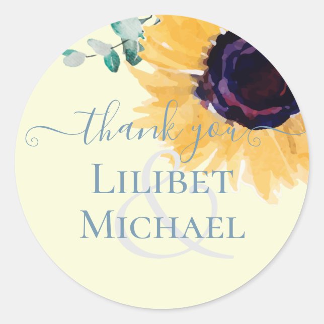 Pegatina Redonda Boda de verano de girasoles Eucalyptus Greenerener (Anverso)