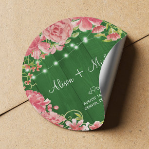 Pegatina Redonda Boda de verano de granero verde rugoso rosa y flor