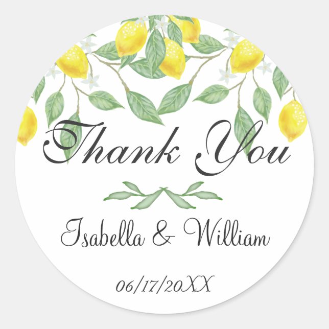 Pegatina Redonda Boda de verano de limón moderno gracias (Anverso)
