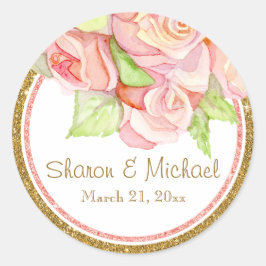 Pegatina Redonda Boda de verano de primavera acuarela Rose Bouquet