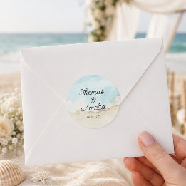 Pegatina Redonda Boda de verano en la playa con acuarela