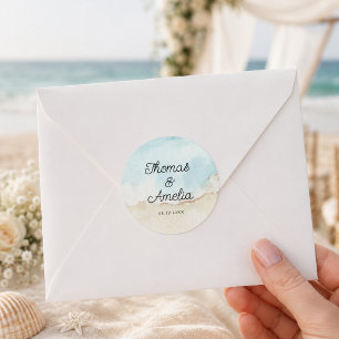 Pegatina Redonda Boda de verano en la playa con acuarela