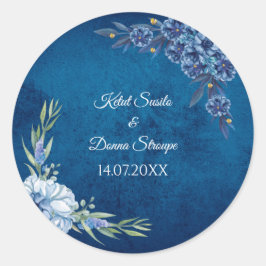Pegatina Redonda Boda de verano floral elegante azul
