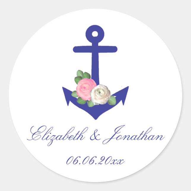 Pegatina Redonda Boda de verano floral náutica (Anverso)