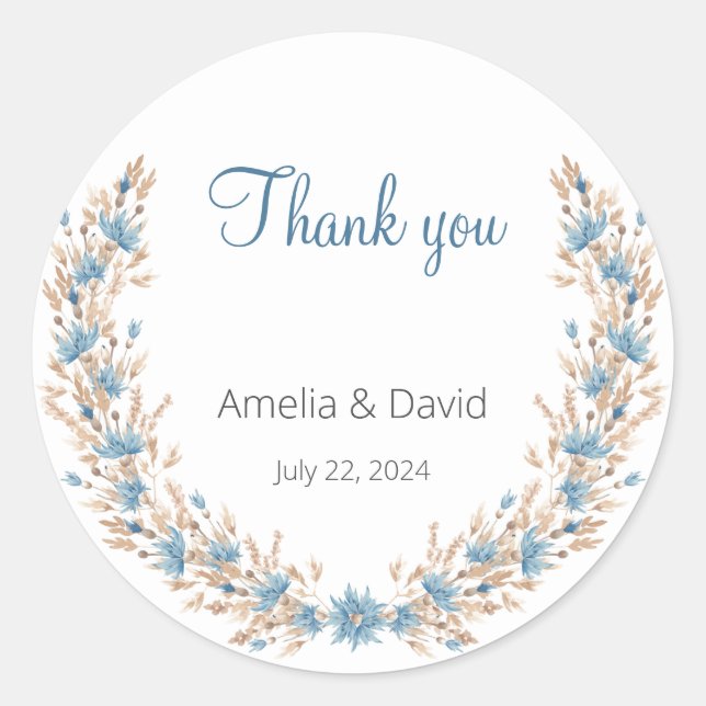 Pegatina Redonda Boda de verano Guirnalda de flores silvestres azul (Anverso)