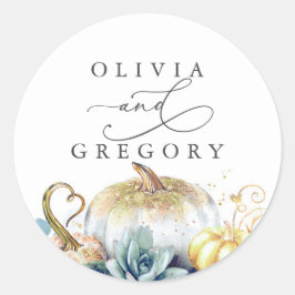 Pegatina Redonda Boda de Verdor Suculento de Calabazas de Oro