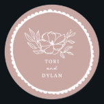 Pegatina Redonda Boda De Vieira Rosa Floral<br><div class="desc">Ilustracion de flores de arte de línea blanca con texto blanco y borde de vieiras dibujado a mano sobre fondo rosa.</div>