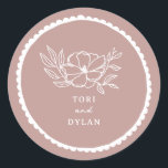 Pegatina Redonda Boda De Vieira Rosa Floral<br><div class="desc">Ilustracion de flores de arte de línea blanca con texto blanco y borde de vieiras dibujado a mano sobre fondo rosa.</div>