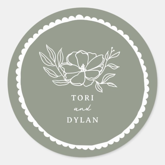 Pegatina Redonda Boda de vieira verde de salvia floral (Anverso)