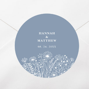 Pegatina Redonda Boda de Wildflowers Dusty Blue Boho