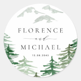 Pegatina Redonda Boda de Woodland de color de agua romántico