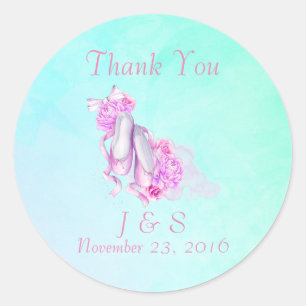 Pegatina Redonda Boda de zapatos de ballet acuarela rosa gracias