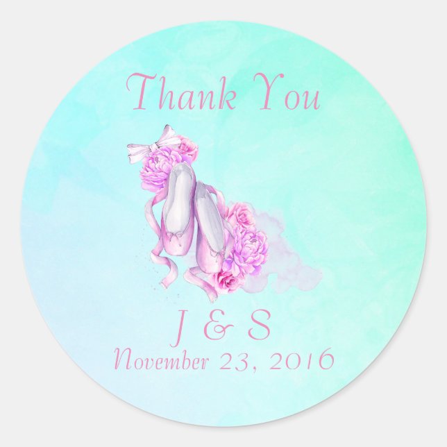Pegatina Redonda Boda de zapatos de ballet acuarela rosa gracias (Anverso)