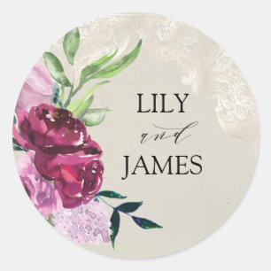 Pegatina Redonda Boda decorativo de rosas grisáceas y vinícola y ro