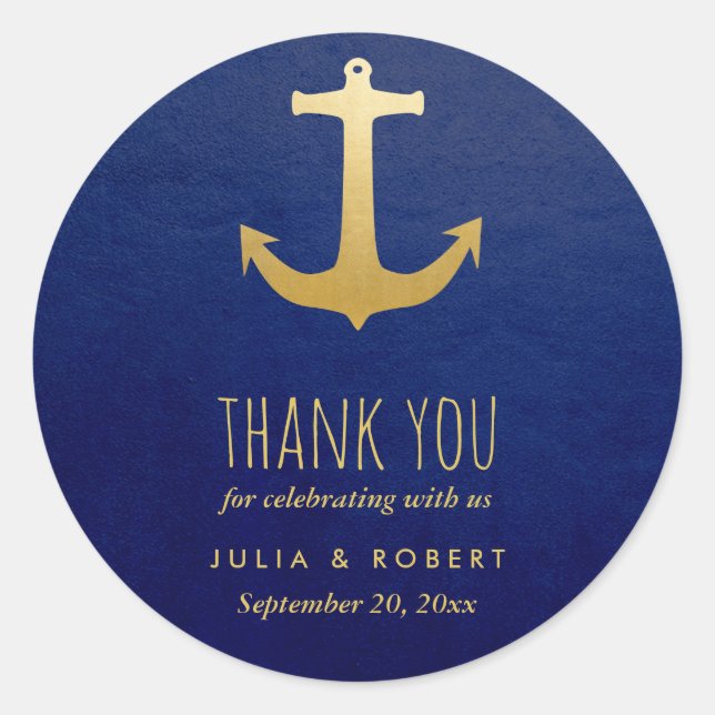 Pegatina Redonda Boda del Ancla del Relieve metalizado dorado Navy  (Anverso)