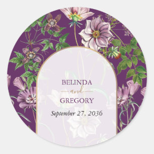 Pegatina Redonda Boda del Arco de Oro Purple Floral Greenery
