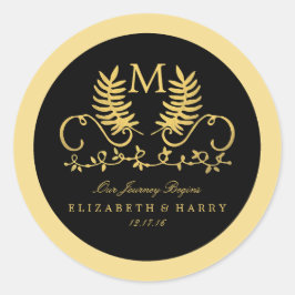 Pegatina Redonda Boda del Emblema floral dorado