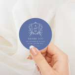 Pegatina Redonda Boda del Escudo Royal Blue Vintage Gracias<br><div class="desc">Este bonito diseño forma parte de una bonita colección. Con un delicado marco vintage y un texto elegante.</div>