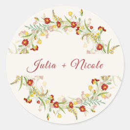 Pegatina Redonda Boda del follaje marino amarillo anaranjado