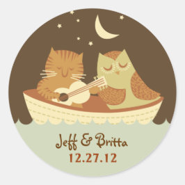 Pegatina Redonda Boda del libro de cuentos de búho y paussitas (azu