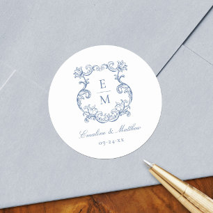 Pegatina Redonda Boda del Monograma Barroco Vintage Azul