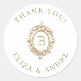 Pegatina Redonda Boda del Monograma de Oro Antiguo Escudo