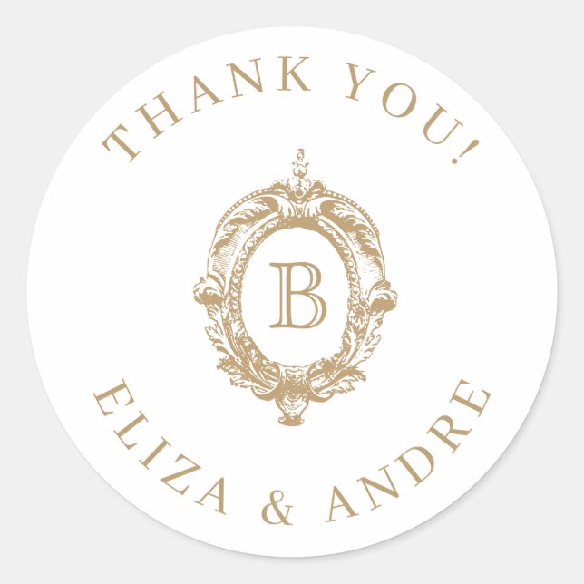 Pegatina Redonda Boda del Monograma de Oro Antiguo Escudo (Anverso)