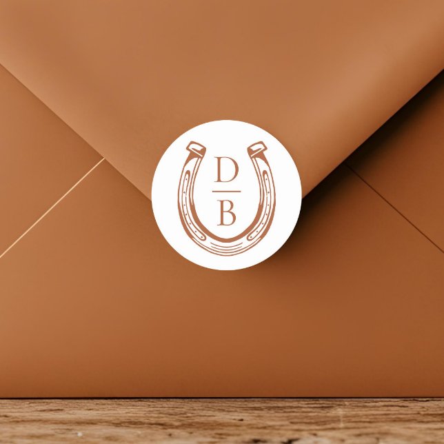 Pegatina Redonda Boda del Monograma del Personalizado Rústico Oeste (Rustic Western Horseshoe Custom Monogram Wedding Classic Round Sticker)