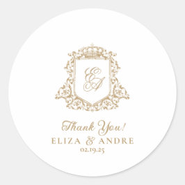 Pegatina Redonda Boda del Monograma Real Dorado y Blanco
