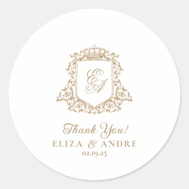 Pegatina Redonda Boda del Monograma Real Dorado y Blanco (Anverso)