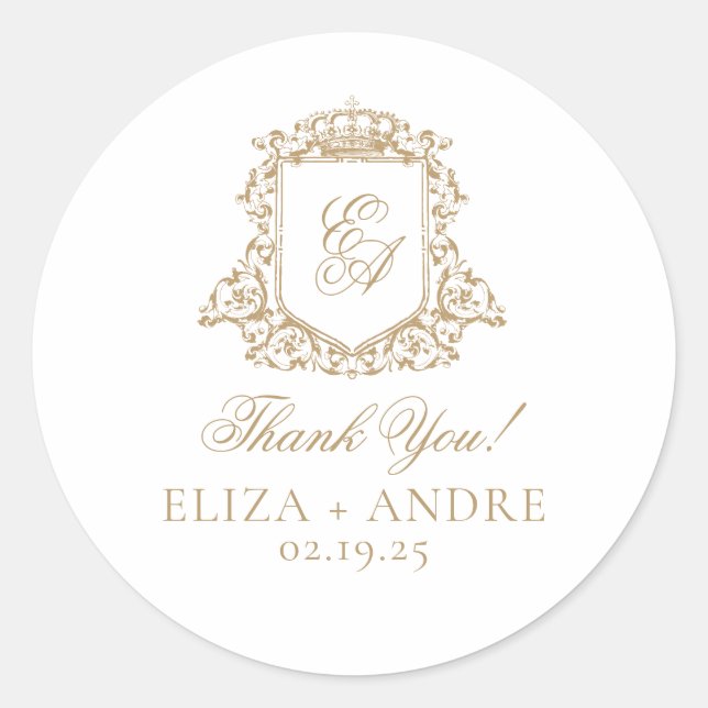 Pegatina Redonda Boda del Monograma Real Dorado y Blanco (Anverso)