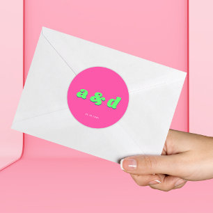 Pegatina Redonda Boda del partido de compromiso de monograma rosa y