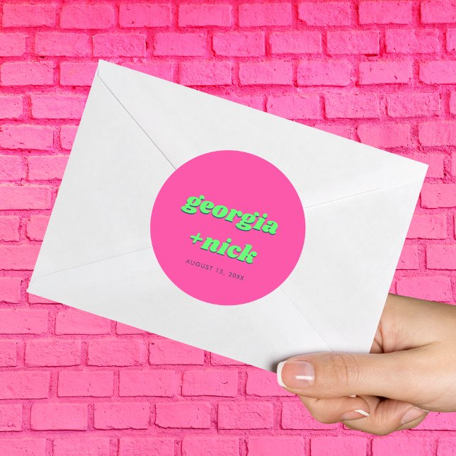 Pegatina Redonda Boda del partido de compromiso rosa y verde (Subido por el creador)