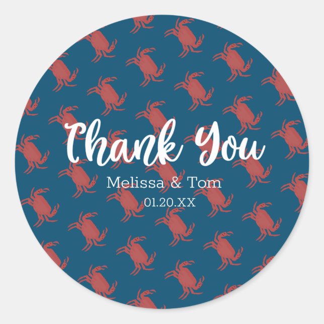 Pegatina Redonda Boda del Patrón Azul Rojo De Broil De Cangrejo Gra (Anverso)