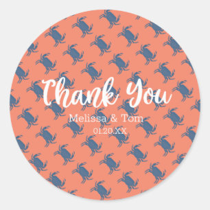 Pegatina Redonda Boda del Patrón Azul Rojo De Broil De Cangrejo Gra