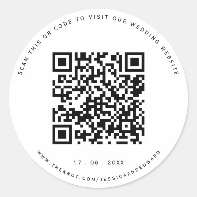 Pegatina Redonda Boda Detalles Código Qr Moda mínima simple negro (Anverso)
