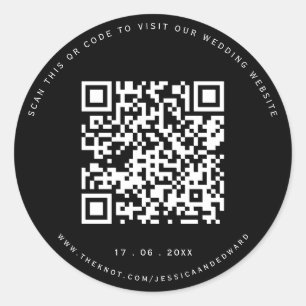 Pegatina Redonda Boda Detalles Código Qr Moda mínima simple negro