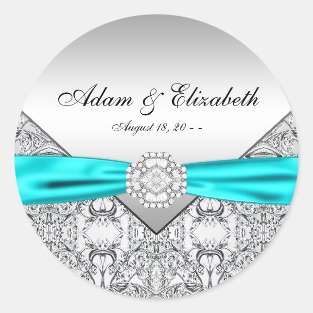 Pegatina Redonda Boda Diamante Azul Teal (Anverso)