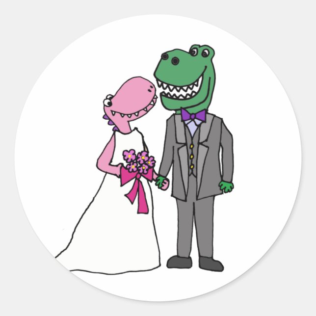 Pegatina Redonda Boda divertida de novios dinosaurios T-rex (Anverso)