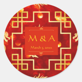 Pegatina Redonda Boda Dragón Rojo y Oro