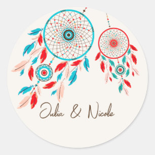 Pegatina Redonda Boda Dreamcatcher de la pluma Tribal Boho