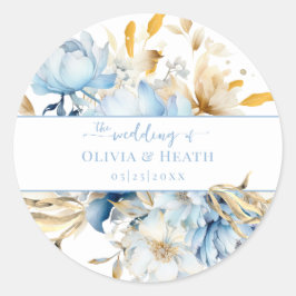 Pegatina Redonda Boda Dusty Blue Floral Gold
