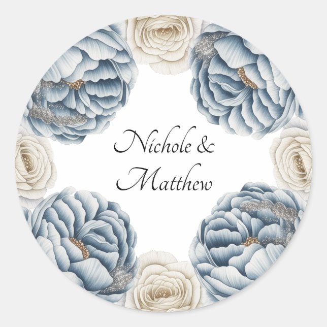 Pegatina Redonda Boda Dusty Blue & White Peony (Anverso)