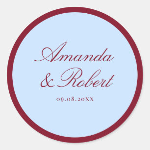 Pegatina Redonda Boda elegante azul y burdeos en letra script