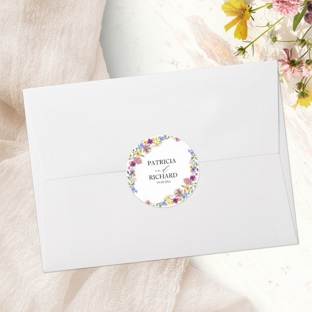 Pegatina Redonda Boda Elegante Boho con Flores Silvestres (Subido por el creador)