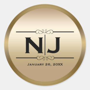 Pegatina Redonda Boda Elegante Brillante Dorado Favorito de Monogra