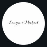 Pegatina Redonda Boda Elegante caligrafía Minimalista blanco negro<br><div class="desc">Esta plantilla se puede personalizar para satisfacer todas las ocupaciones profesionales.</div>